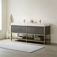 thumbnail image 3 of Vinnova Palma 72" White Stone Top Double Vanity Oak Wood Gold Metal Frame, 3 of 9