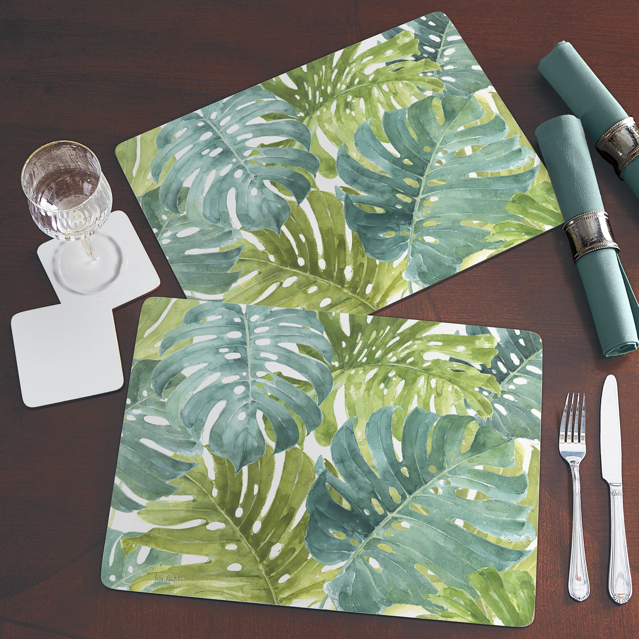 Cala Home "Tropical Green" Premium Decorative Hardboard Cork Back Tabletop Placemats 4 Pack