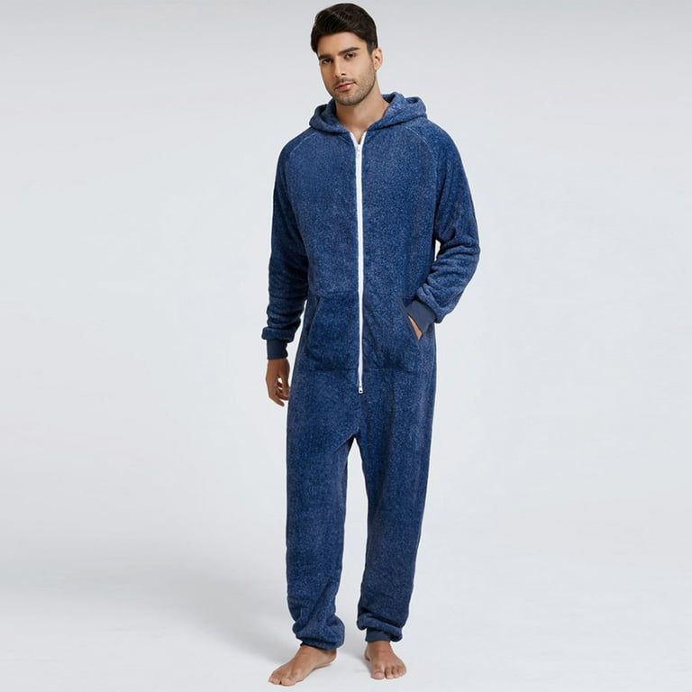 Yubnlvae mens pajama Men s Long Sleeve Printed Jumpsuit Zipper Hood Pyjamas Nightwear With Pockets Blue Walmart