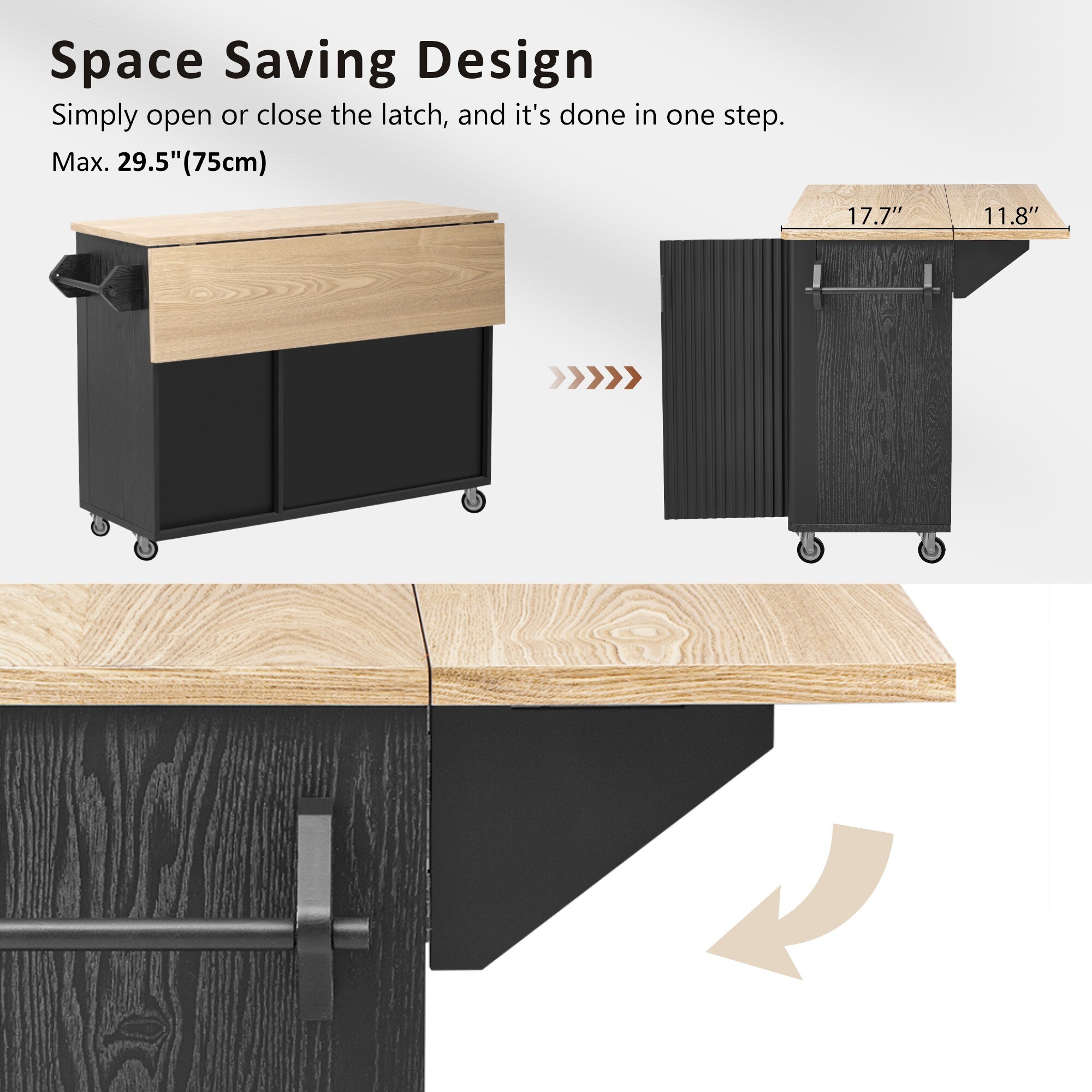 DEALTOPS 51" Fluted Panel Kitchen Island with Drop Leaf, 3-Door Rolling Storage Cabinet Cart, Black Ash