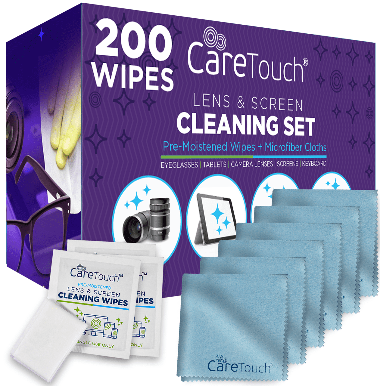 Care Touch Lens Cleaning Wipes with Microfiber Cloths 200 Lens