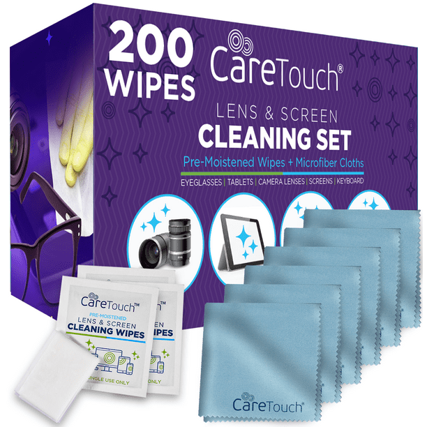 Care Touch Lens Cleaning Wipes with Microfiber Cloths 200 Lens Cleaning Wipes and 6 Microfiber