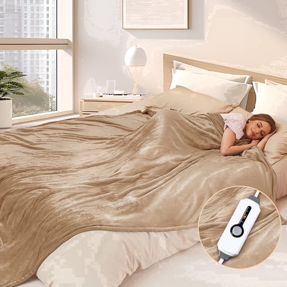 SUNNY HEAT Electric Heated Blanket Flannel 72" x 84" Full Size-4 Heating Settings & 10 Hours Auto Off, Cozy Machine Washable-Light Brown