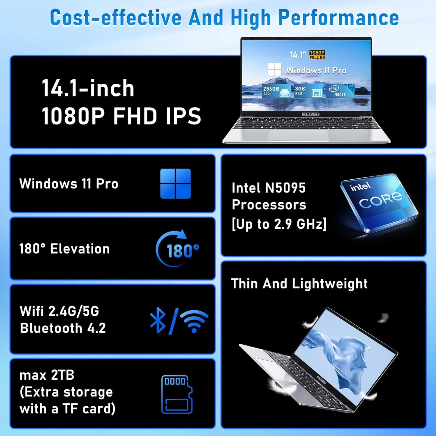 Chheart 14 Inch Gaming Laptop,Laptop Computer,Windows 11 Pro,8GB RAM 256GB SSD, Intel 11th Gen N5095 Processor(up to 2.9 GHz),FHD 1920 x 1080,BT 4.2
