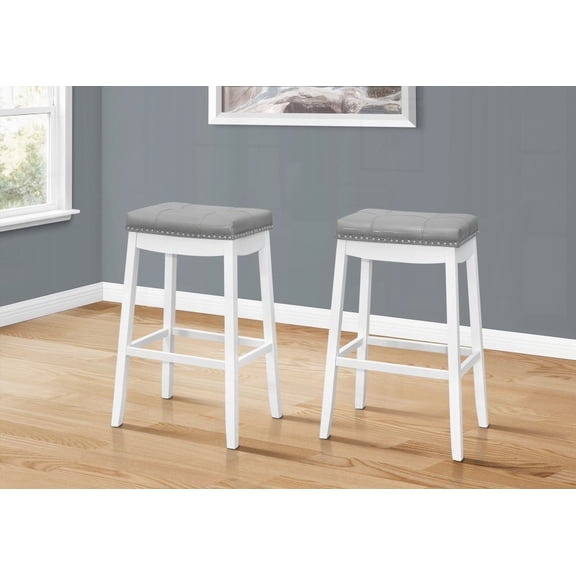 Set of 2 - White Wood Bar Stools with Grey Leather-Look Seat and Footrest - Transitional Style