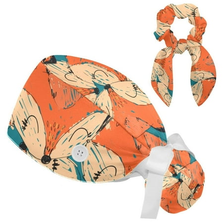 

Working Cap with Buttons and Sweatband Scrub Hat Bouffant Caps with Scrunchie Fox Tie Back Hats