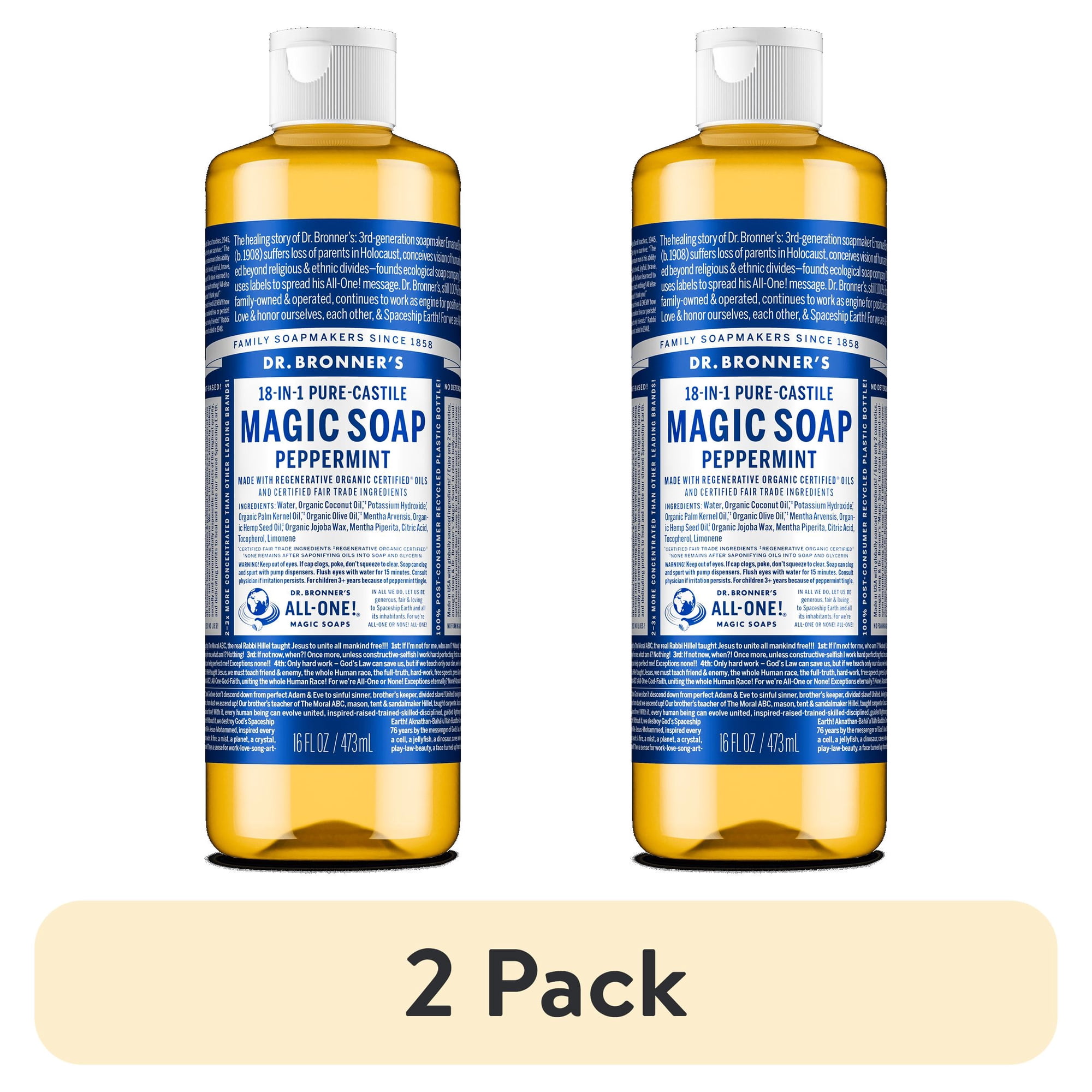(2 pack) Dr.Bronner's Magic Soap, Peppermint, Pure-Castile Body Wash Liquid Soap, 16 fl oz