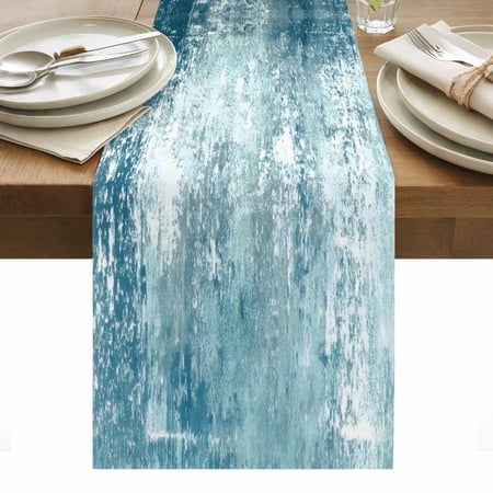 Modern Artistic Abstract Cotton Linen Table Runner Gradient Turquoise Mottled Vintage Dining Table Runners for Home Decor Party Dining Room Restaurant Kitchen Party 13 x 48