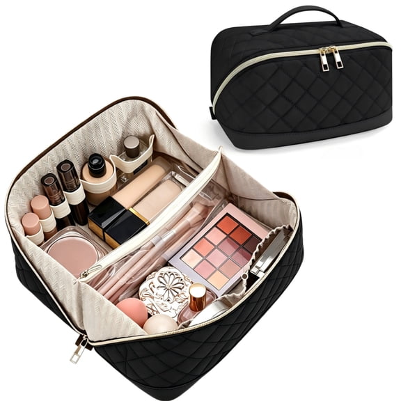 Quilted Makeup Bag for Women, Wide Open Waterproof Travel Toiletry Bag Cosmetic Organizer with Handle, Make Up Pouch with Compartments for Vacation Business Trip(Black)