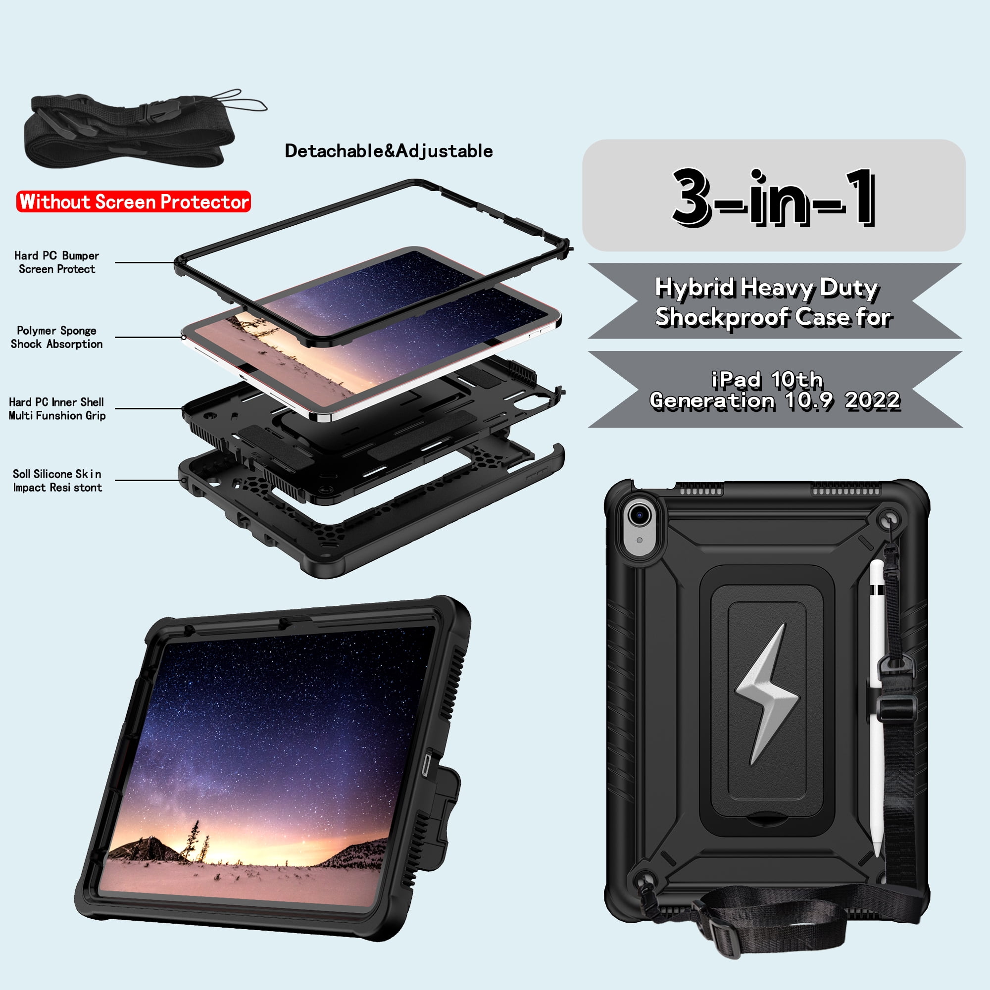 ELEHOLD For iPad Air 3rd Generation 2019 / iPad Pro 2017 10.5 inch ,Rugged Shockproof 3-Layer Kickstand Pencil Holder Protective Case with Shoulder Strap for Kids,Outdoor Travel,Black