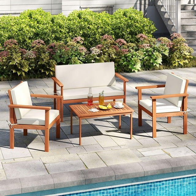 Gymax Ensemble de Mobilier de Patio 4 Pcs Chaises de Porche en Bois d'Acacia avec Table