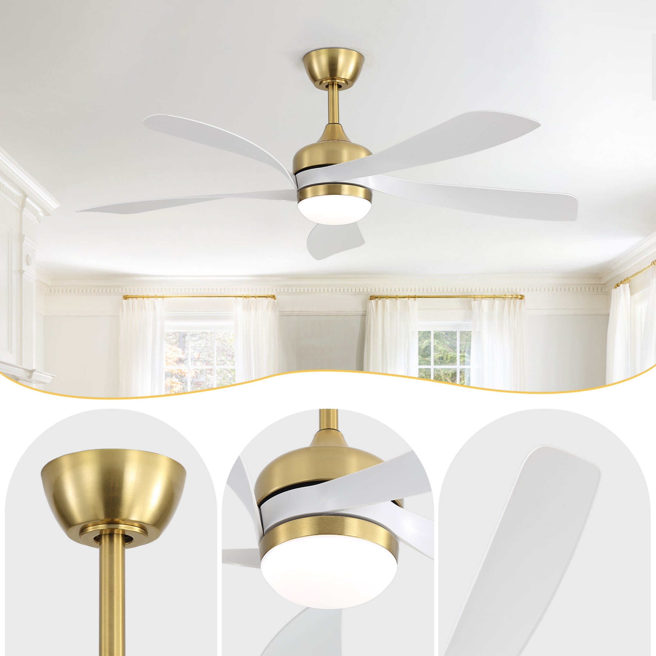 Sofucor 52" Modern Gold Ceiling Fan with Light, 5 White Blades, Quiet DC Motor, 6-Speed Remote Control, Reversible, Dimmable LED, Flush Mount for Bedroom Living Room