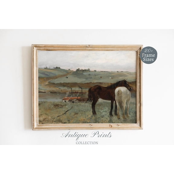 Vintage Horses in Meadow Wall Art, Equestrian, Rustic Antique Landscape, Farmhouse Wall Decor, Unframed Paper Print