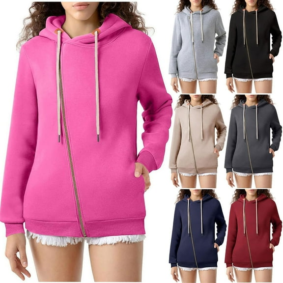 Jinhomg 2025 Trendy Hoodies for Women Plus Size Casual Solid Drawstring Hooded Sweatshirt Oversized Comfy Long Sleeve Zip Up Jacket with Pockets Summer Saving Black XXXL