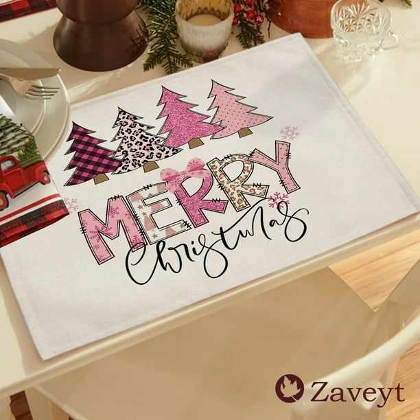 Mantel Individual rosa para decoración de árbol de Navidad, bonito posavasos Kawaii, taza de café, estera de lino para el hogar, decoración de vacaciones de Navidad, 42x32cm, 2023