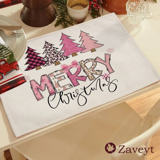 Mantel Individual rosa para decoración de árbol de Navidad, bonito posavasos Kawaii, taza de café, estera de lino para el hogar, decoración de vacaciones de Navidad, 42x32cm, 2023
