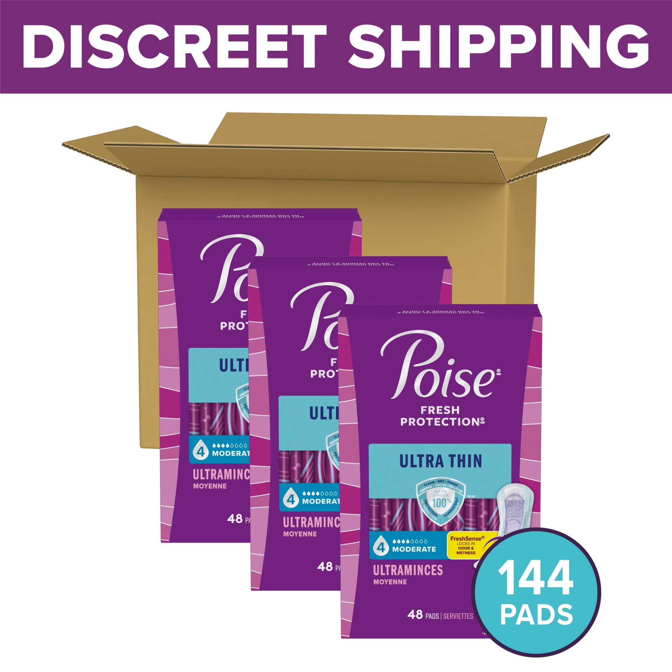 Poise Ultra Thin Incontinence Pads, 4 Drop Moderate Absorbency, Regular Length, 144 Count