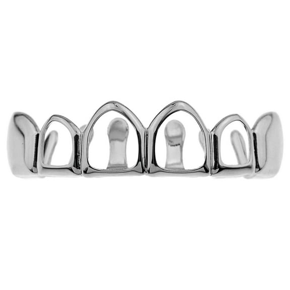 4 Four Open Face Grillz Top Row Upper Teeth Silver Tone Hip Hop Mouth Grills