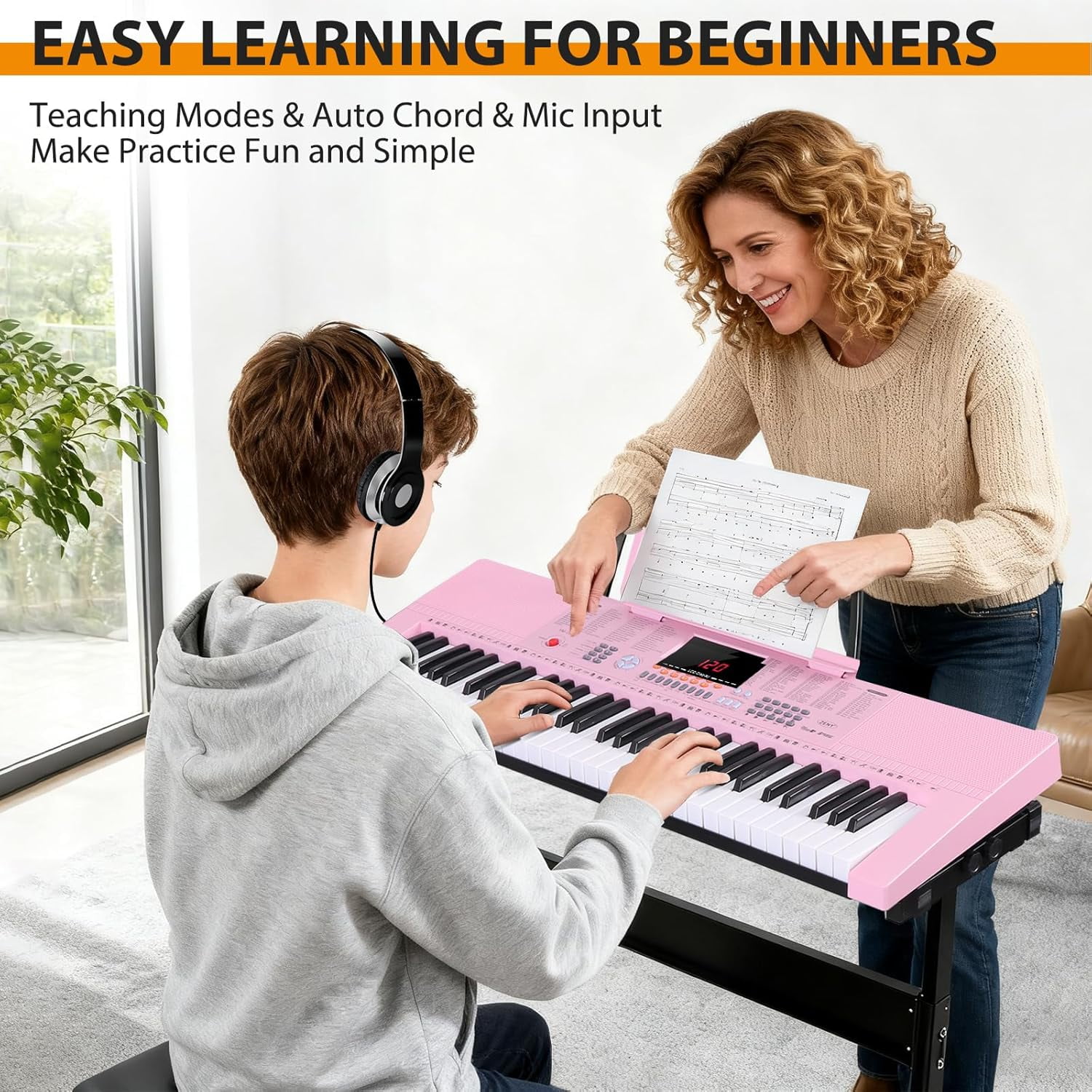 HarmonyStrings 61-Key Portable Electric Keyboard Piano with Built In Speakers, LED Screen, Headphones, Microphone, Piano Stand, Music Sheet Stand and Stool Pink