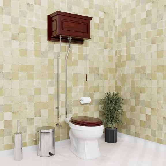 Renovators Supply Antique Cherry Finish High Tank Pull Chain Toilet Wooden Raised Tank Elongated Porcelain Round Bowl and Chrome L Pipes Adjustable H 70"-74"