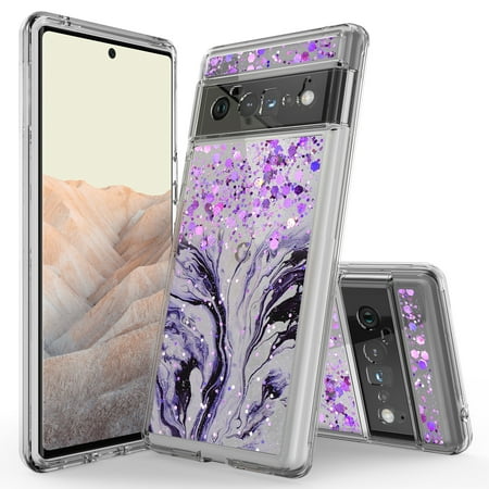 Google Pixel 6 Case, Rosebono Hybrid Bling Glitter Sparkle Epoxy Graphic Marble Colorful Silicone Skin Cover Armor Case for Google Pixel 6 (Purple)