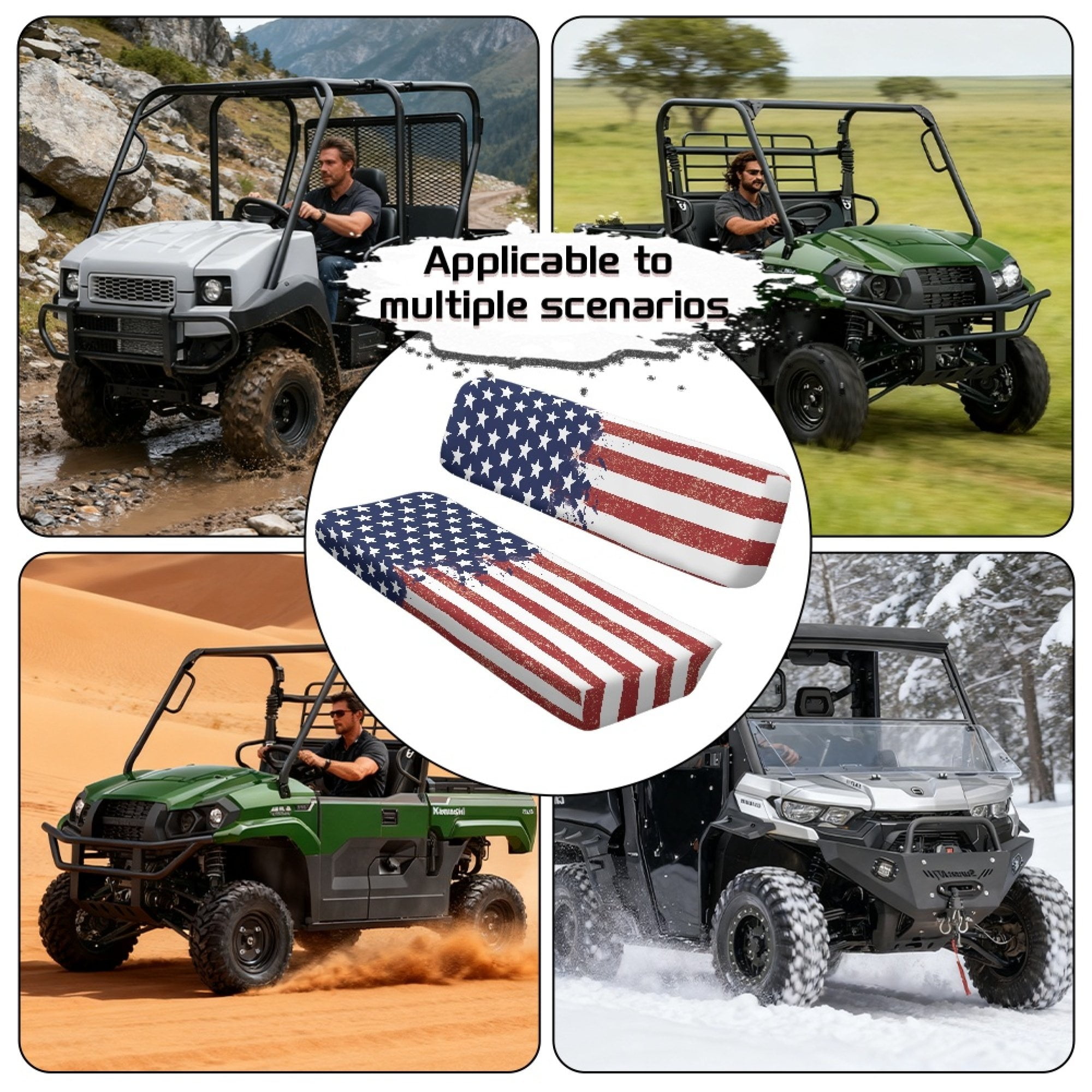 ZIATUBLES 2-Pack Waterproof UTV Seat Covers with American Flag Print, Replacement Bench Seat Protectors Compatible with Kawasaki Mule 3000 3010, Wear-Resistant Polyester UTV Seat Decor Covers