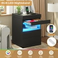 thumbnail image 3 of Set of 2 Nightstand with 2 Drawers & LED Lights & Charging Station, LED Night Stand End Side Table with Pull-Out Tray & Sliding Glass Top for Bedroom, Black, 3 of 9