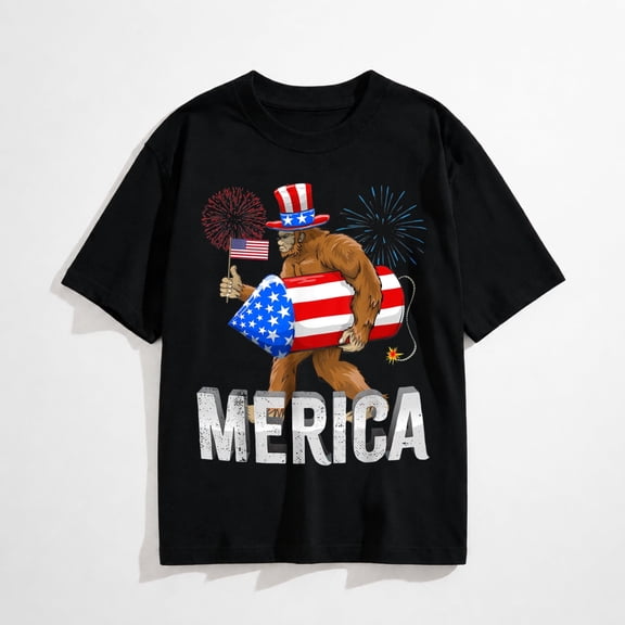 Patriotic 4th of July Merica American Flag Sasquatch T-Shirt for Women Men