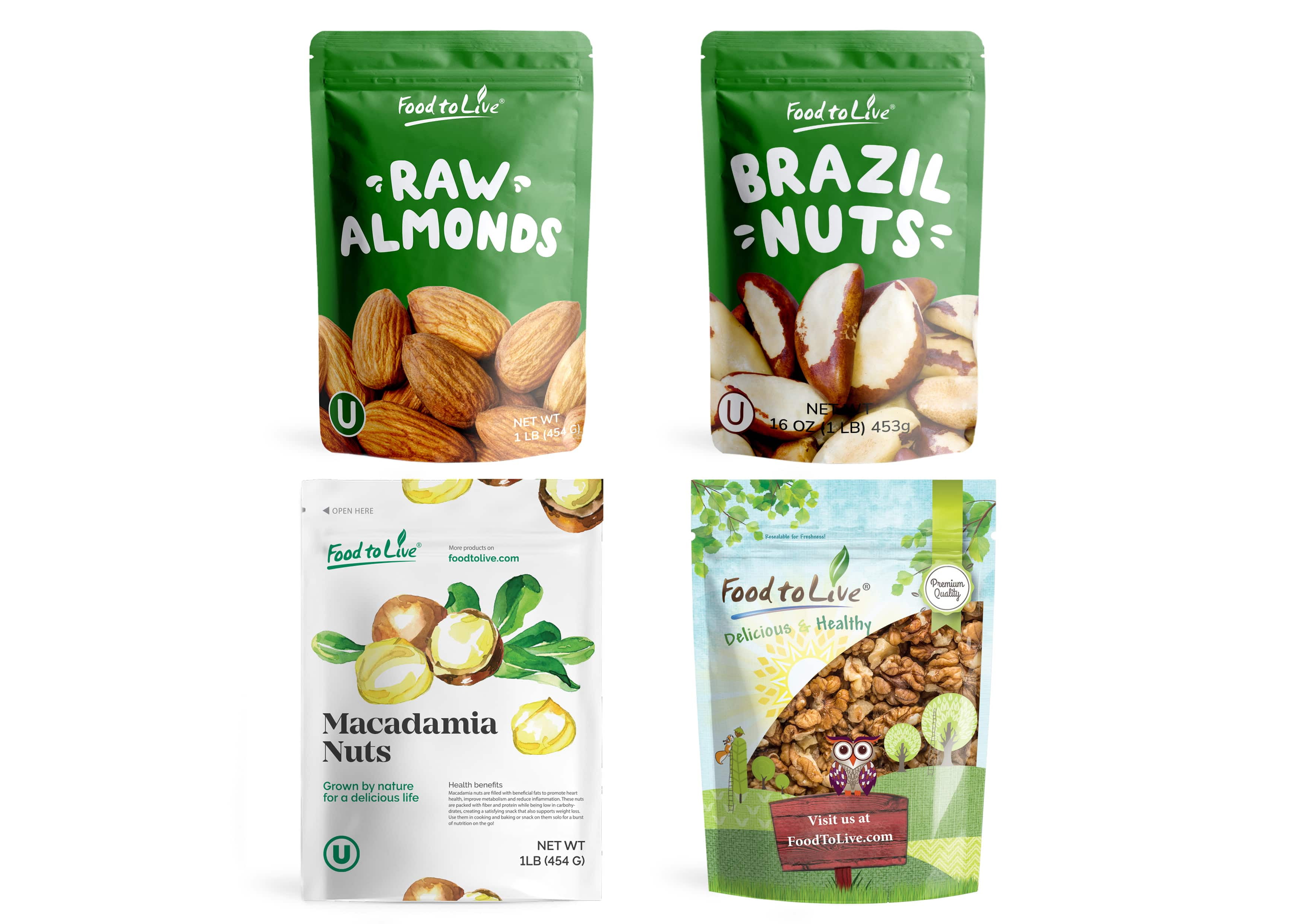 Raw Nuts in a Gift Box - A Variety Pack of Brazil Nuts, Almonds, Macadamia Nuts and Walnuts - by Food to Live