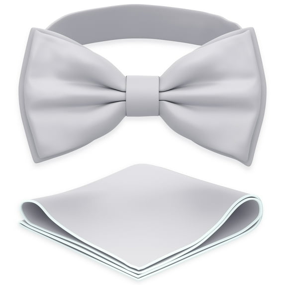 Men's Light Gray Bow Tie with Handkerchief Set Pre-Tied Style Formal Satin Classic Bowtie for Tuxedo Faux Silk, by Adam Young (Large, Silver Grey)