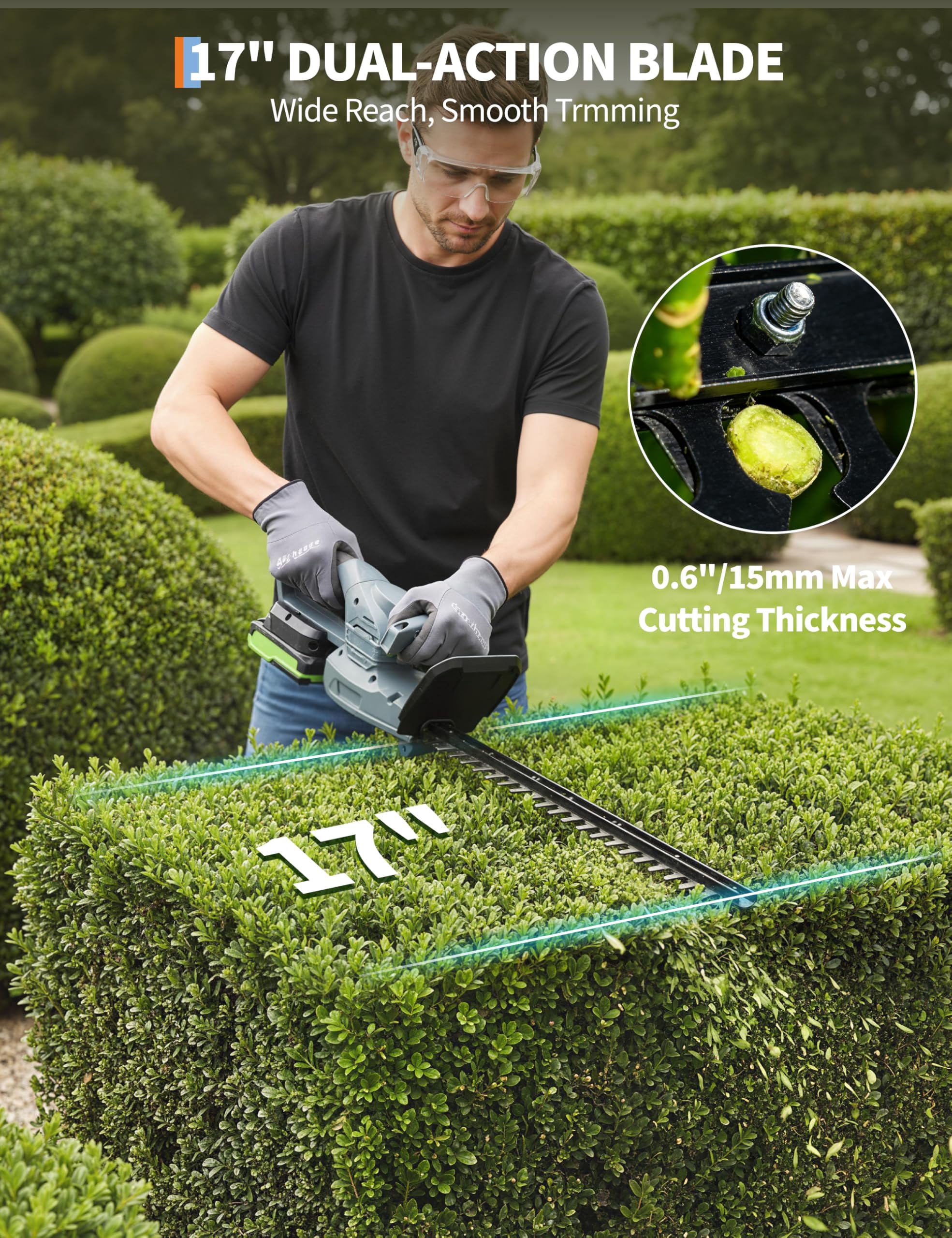 Garvee Wireless Hedge Trimmer - 18V/20V Rechargeable Battery, 16.5''–18'' Dual Action Carbon Steel Blades, 0.63" Cut Capacity, 1500RPM High-Speed Motor, Lightweight Handheld Shrub