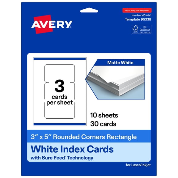 Avery Printable Cards with Rounded Corners, 3" x 5", Matte White, 30ct