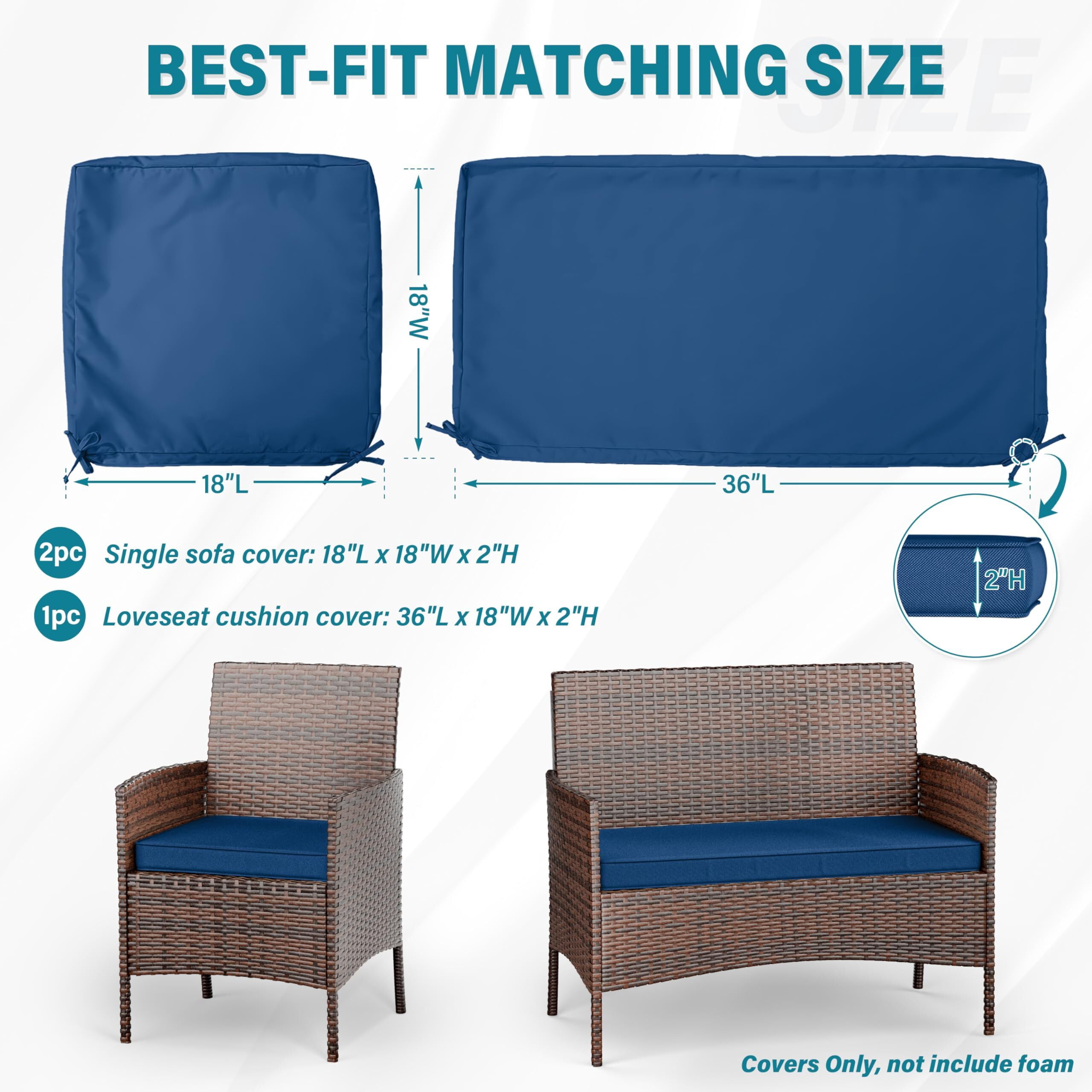 Pakunoda 3Pcs Patio Cushion Covers 4-Seater Outdoor Cushion Slipcovers Replacement with Zipper for Garden Couch Wicker Rattan Sofa Furniture, Cover Only, Blue