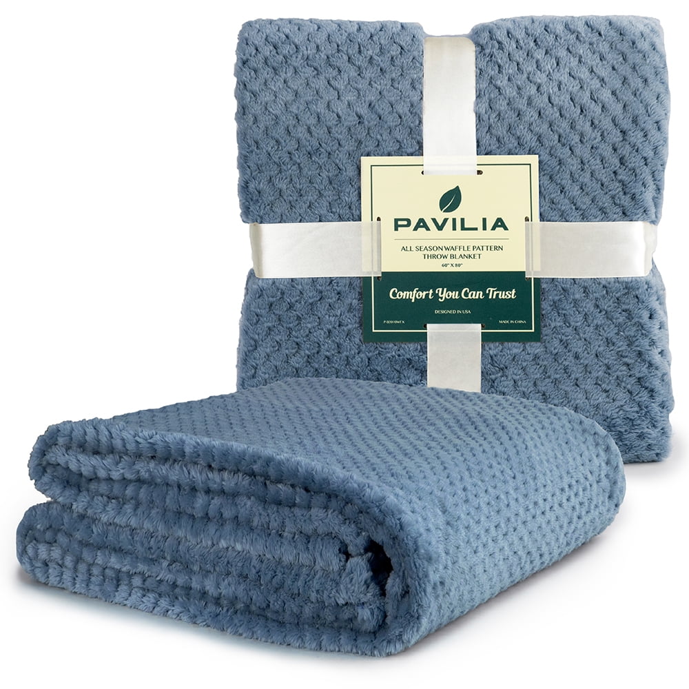 Premium Flannel Fleece Bed Throw Blanket For Sofa Couch | Dusty Blue Waffle Textured Soft Fuzzy Blanket | Warm Cozy Microfiber Plush | Twin Size 60 x 80 | Lightweight, All Season