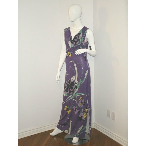 TAHARI Robe Longue Harmonia Sultan Violette Florale Drapée Col Fendu S $158