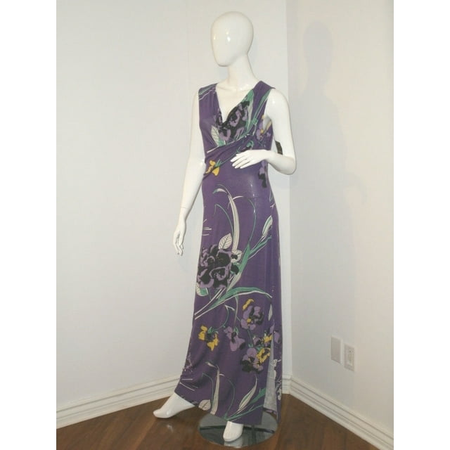TAHARI Harmonia MAXI Long DRESS Sultan PURPLE Floral DRAPED Top Neck SLIT S $158