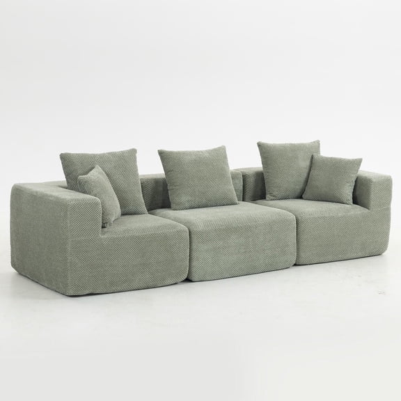 YYAo Modular 3 Seat Sectional Sofa Plush Chenille All Foam Deep Seat Couch Compressed for Delivery Simple Assembly Low Profile Design Small Space Solution, Light Green