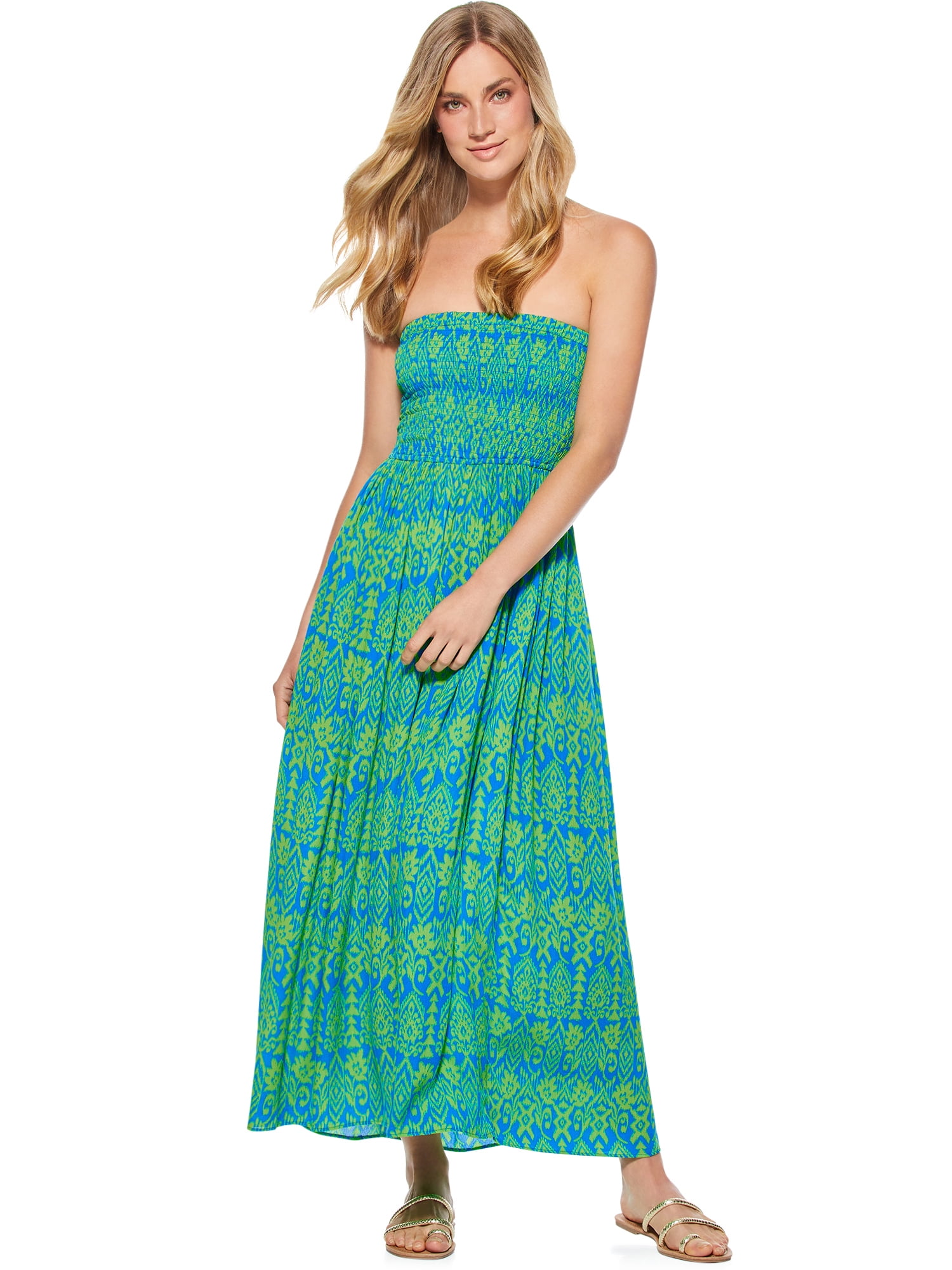 Scoop Women’s Smock Top Strapless Printed Maxi Dress