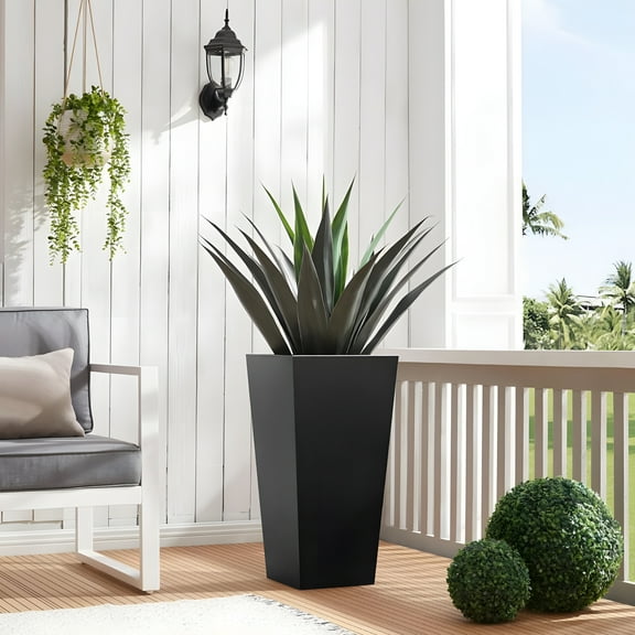 Noble House 25" Tapered Metal Planter, Indoor/Outdoor, Drainage Hole, Black