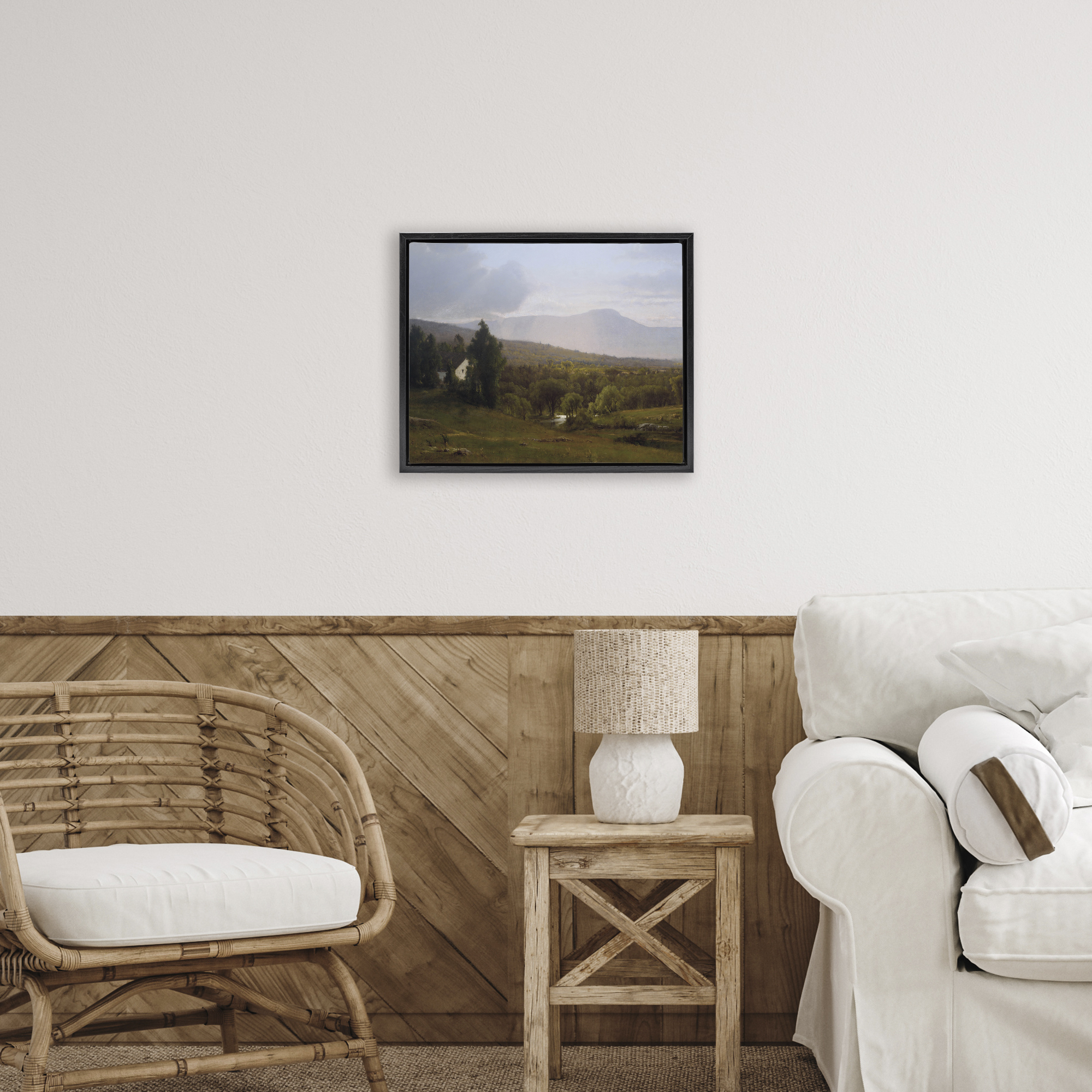 Cabins in Peaceful Vista Black Framed Floater Canvas Wall Art, design by Lettered and Lined