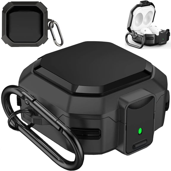 Earbud Case, Military Armor Case with Secure Lock for Samsung Galaxy Buds Live/Buds Pro/Buds 2 Charging Case with Keychain, TPU PC Shockproof Protective, Black