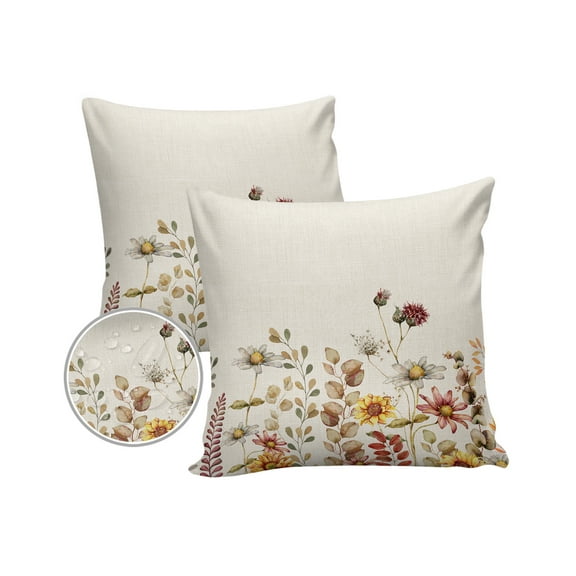 Pack of 2 Outdoor Pillow Covers, Thanksgiving Day Fall Country Wildflowers and Plants Waterproof Square Throw Pillowcase Cushion Decorative Pillow Covers for Couch Patio Tent, 20x20 in