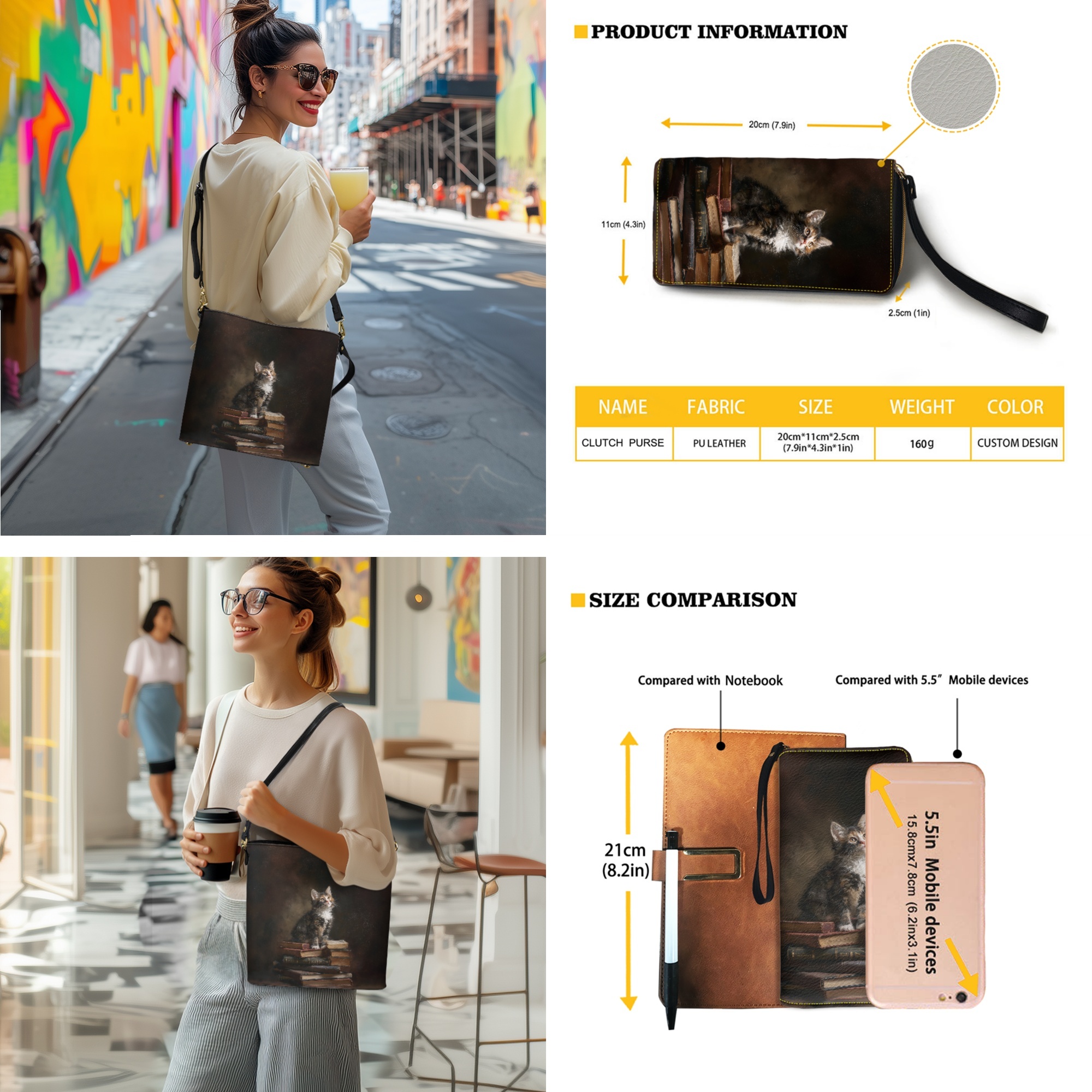 ZUXONGSY Cat Book Print Bucket Purse and Wallet Set for Women Lady Fashion Bucket Bag Tote Purse Set Lightweight Crossbody Hobo Bag with Wallet Set for Daily Use