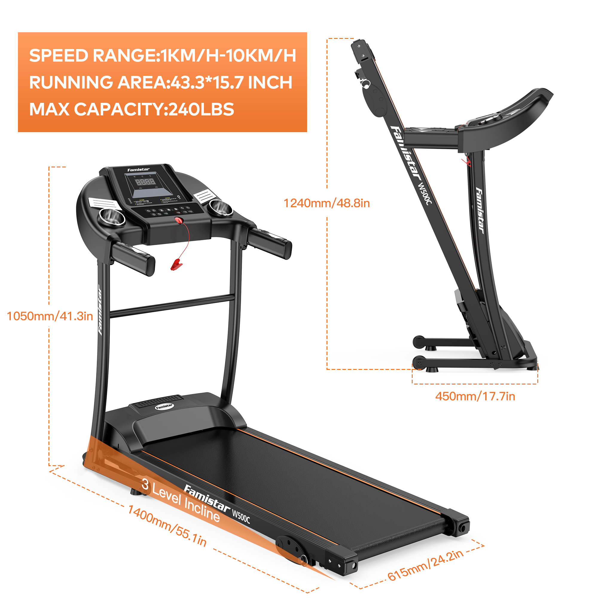 Famistar W500C 1.5HP Folding Electric Treadmill with 3 Level Manual Incline, Max 240LBS - image 5 of 11
