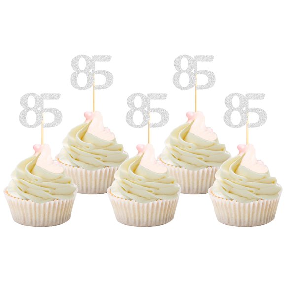 Cupcake Toppers Sotpot para 85 cumpleaños, 85 años, 30 unidades, color plateado