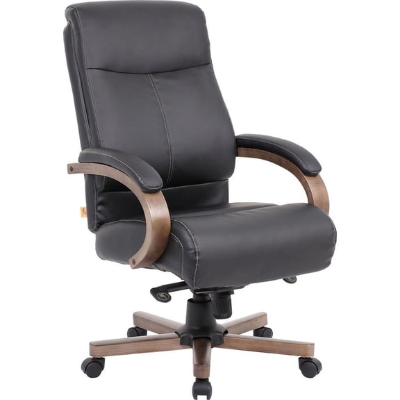 Lorell Wood Base Leather High-back Executive Chair - Black Leather Seat - Black Leather Back - High Back - Armrest - 1 Each | Bundle of 5 Each