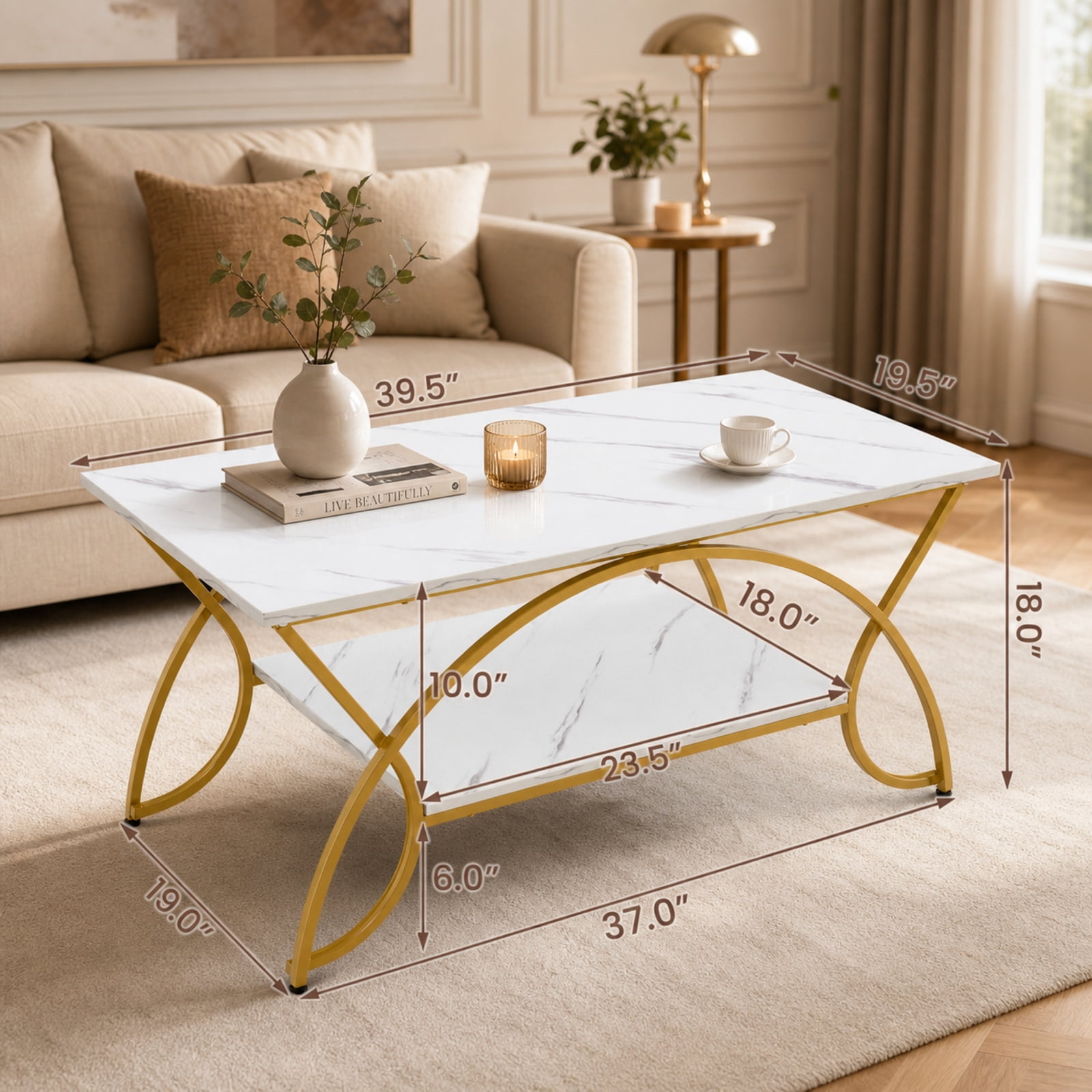 Furnibear 2-Tier Coffee Table Gold Rectangle for Living Room for Living Room Home Office Apartment Sofa Couch Center, White