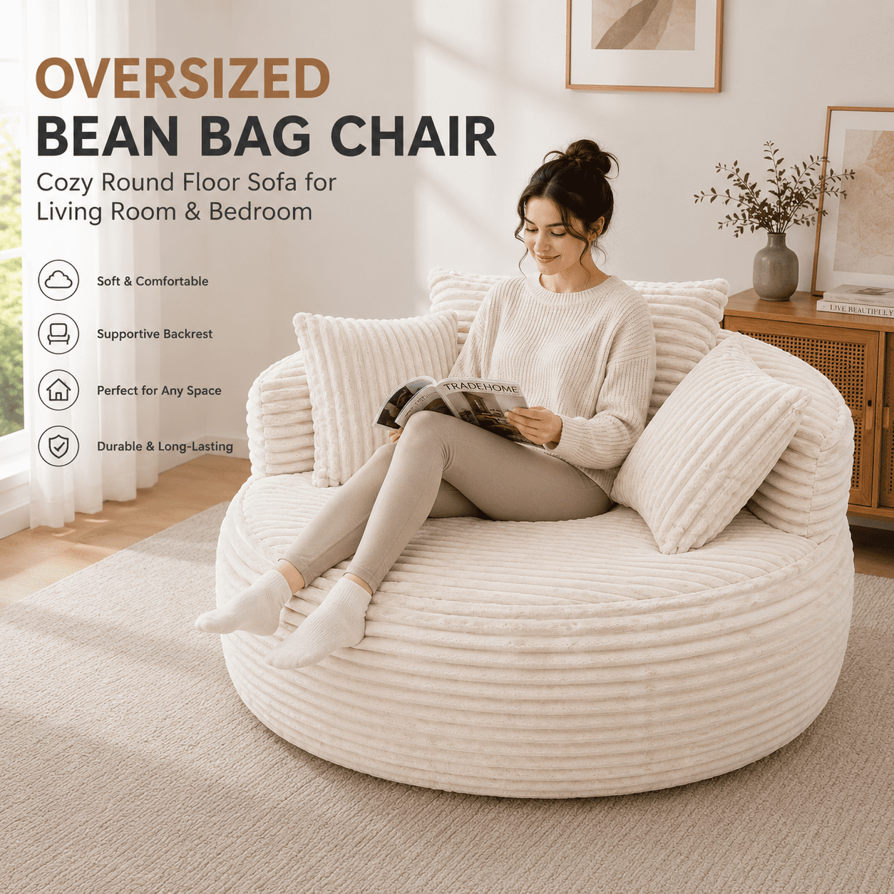 Oversized Bean Bag Chair with Backrest & Cushion, Cozy Round Floor Sofa Chair for Living Room & Bedroom, Soft Plush Lounge Chair, Beige
