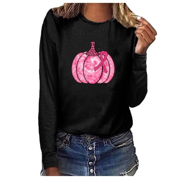 IROINNID On Sale Breast Cancer Pullover for Women Breast Cancer Awareness Comfy O-Neck Printing Loose Long Sleeve Tops,Black
