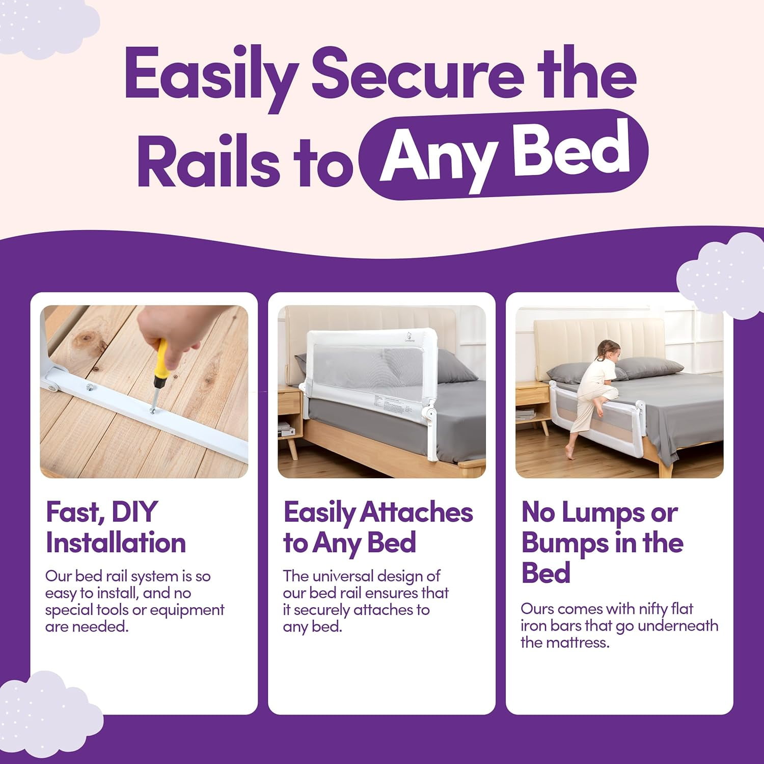 ComfyBumpy Toddler Bed Rail Guard, 55.5" x 19.5" Extra long Swing Down Rail for Kids Beds, White, 1 pack
